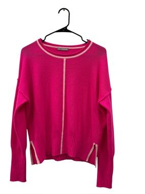 Alashan 100% Cashmere Pink Ringer Crewneck Sweater Contrast Trim Medium